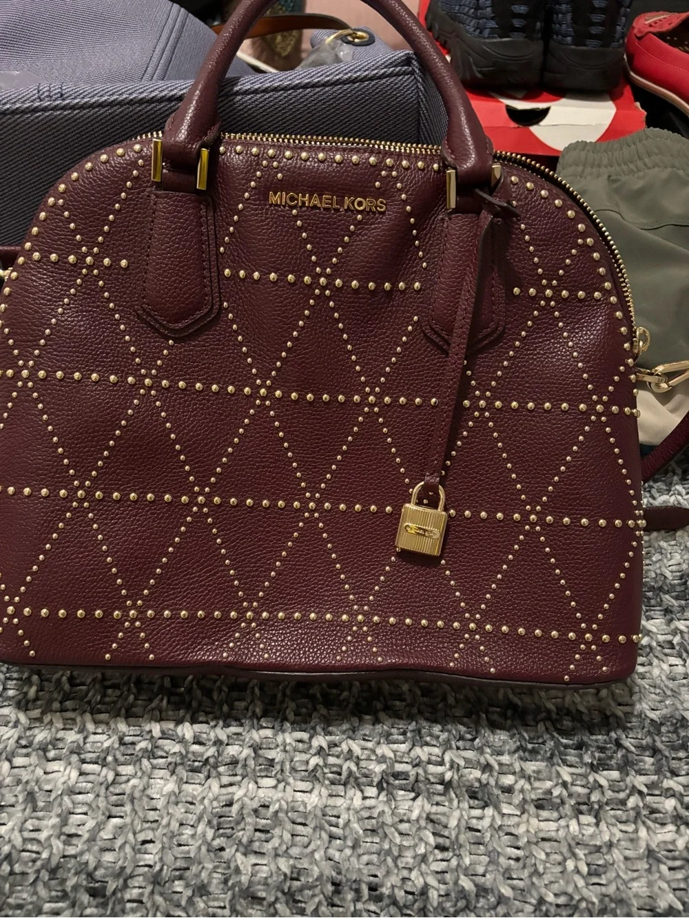 Michael Kors Maroon Leather Studded Satchel with Gold Hardware